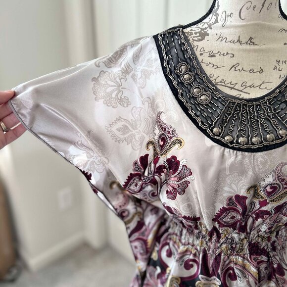 Satin Silver & Purple Paisley Batwing Sleeved Top with Beads & Gems for Accent - Picture 3 of 10